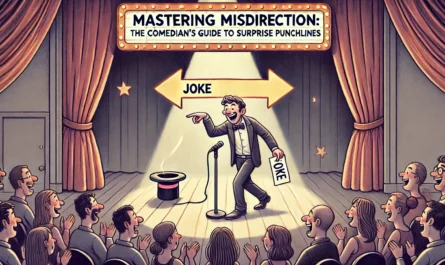 A clever and theatrical digital illustration titled 'Mastering Misdirection The Comedian’s Guide to Surprise Punchlines'. The scene shows a stand-up