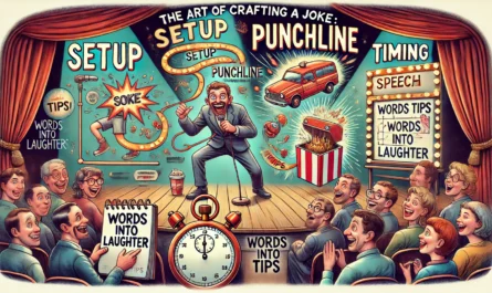 A detailed and humorous digital illustration visualizing 'The Art of Crafting a Joke Setup, Punchline, and Timing'. The image features a cartoon-styl