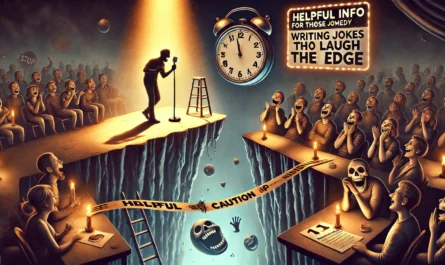 A dramatic and symbolic digital illustration titled 'Dark Comedy 101 Writing Jokes That Walk the Edge'. The scene shows a stand-up comedian performin