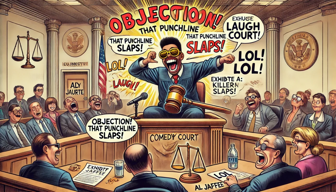 A fictional courtroom comedy roast scene in the style of a satirical cartoon like Al Jaffee. A stand-up comedian performs energetically from the witne
