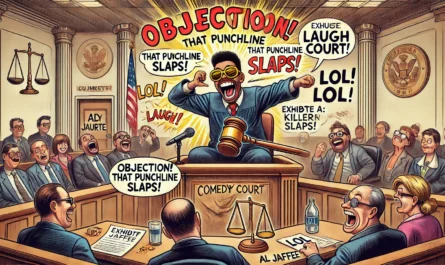A fictional courtroom comedy roast scene in the style of a satirical cartoon like Al Jaffee. A stand-up comedian performs energetically from the witne