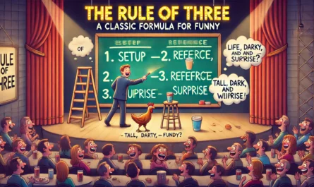A playful and educational digital illustration visualizing 'The Rule of Three A Classic Formula for Funny'. The image shows a comedian pointing to a