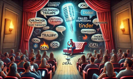 A symbolic and provocative digital artwork titled 'The Audience is Not Your Therapist Confrontational Comedy in the Age of Oversharing'. A modern com