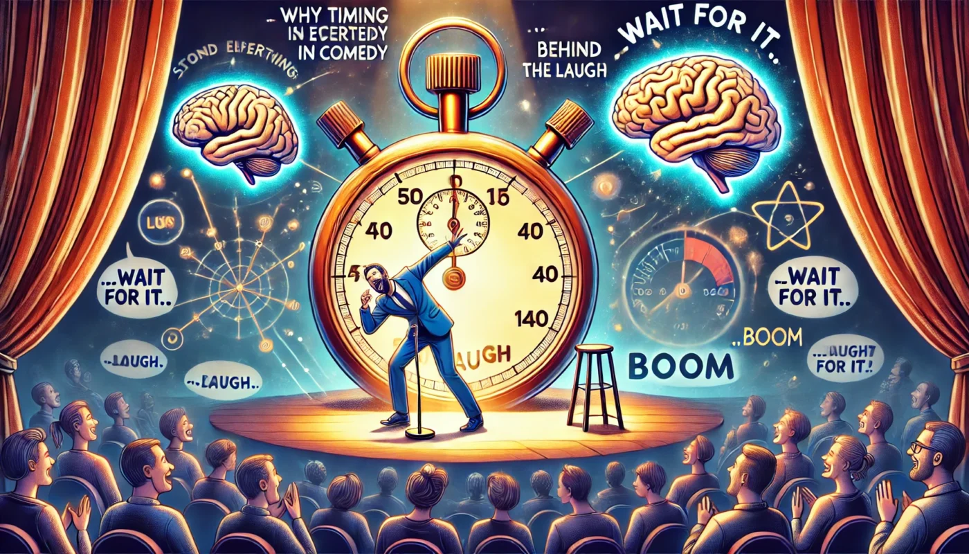 A symbolic digital illustration titled 'Why Timing is Everything in Comedy Writing The Science Behind the Laugh'. The image shows a comedian frozen m