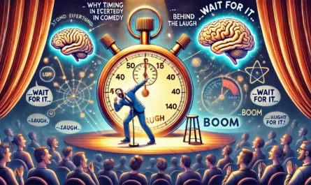 A symbolic digital illustration titled 'Why Timing is Everything in Comedy Writing The Science Behind the Laugh'. The image shows a comedian frozen m