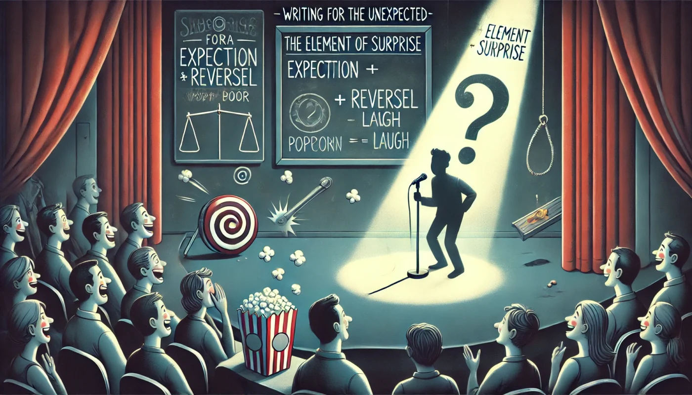 A symbolic digital illustration titled 'Writing for the Unexpected The Element of Surprise'. A stand-up comedian stands mid-sentence onstage with a s