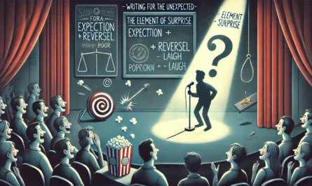 A symbolic digital illustration titled 'Writing for the Unexpected The Element of Surprise'. A stand-up comedian stands mid-sentence onstage with a s