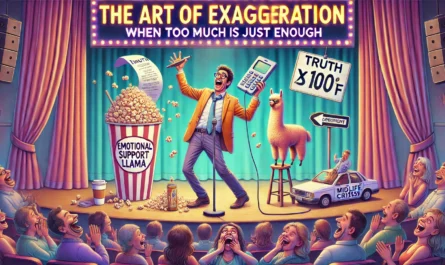 A vibrant, humorous digital illustration titled 'The Art of Exaggeration When Too Much is Just Enough'. A stand-up comedian is on stage, wildly actin