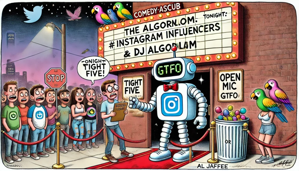 A wide-aspect cartoon in the style of Al Jaffee titled 'The Algorithm as Comedy Club Bouncer.' The scene shows a velvet-rope comedy club entrance with A wide-aspect cartoon in the style of Al Jaffee titled 'The Algorithm as Comedy Club Bouncer.' The scene shows a velvet-rope comedy club entrance with