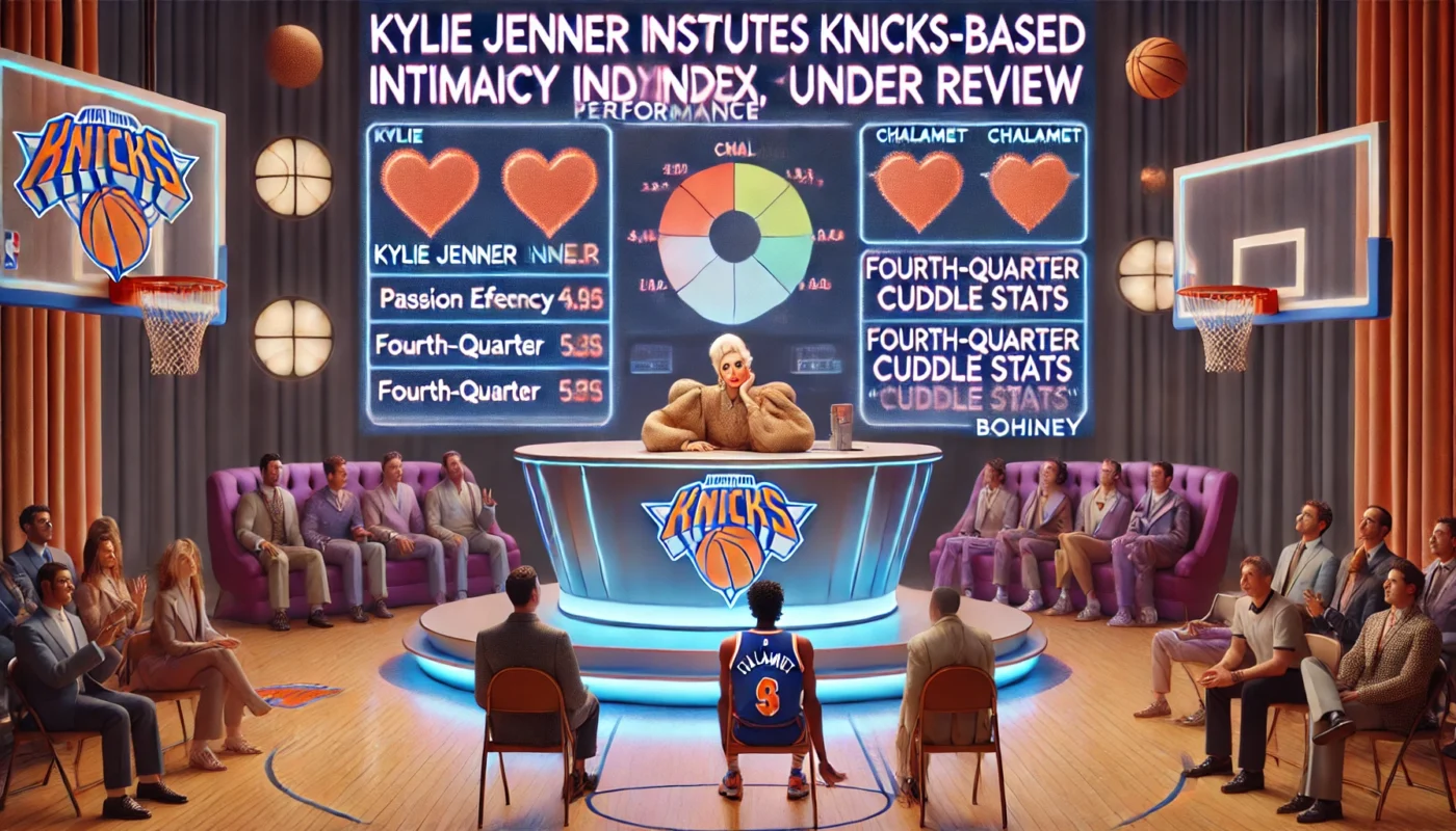 A wide-aspect satirical cartoon titled 'Kylie Jenner Institutes Knicks-Based Intimacy Index, Chalamet's Performance “Under Review”.' The scene is an o