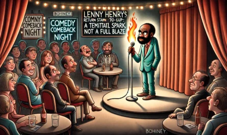 BOHNEY NEWS -- A wide-aspect satirical cartoon illustration titled 'Lenny Henry’s Return to Stand-Up A Tentative Spark, Not a Full Blaze.' The scene shows a dimly l... -- Alan Nafzger 1