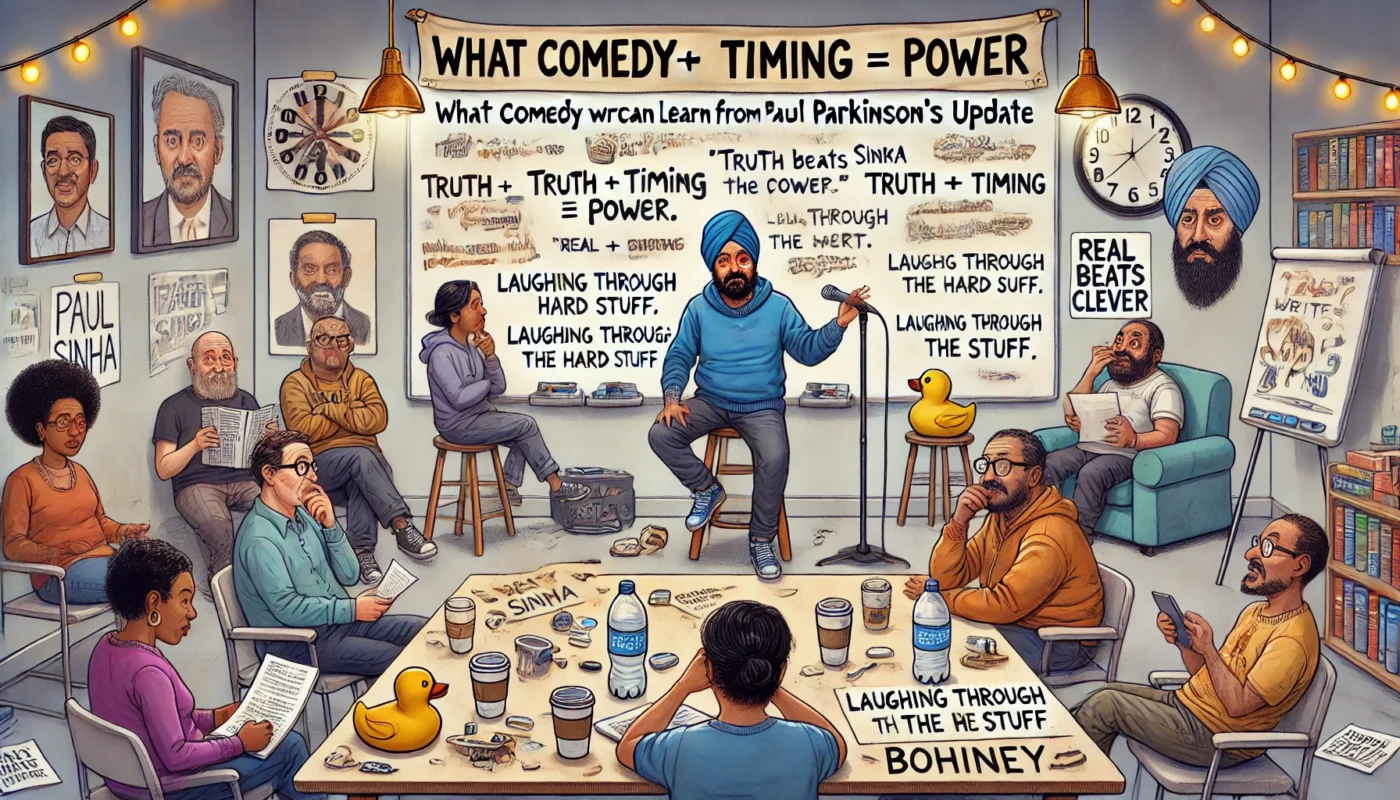 BOHNEY NEWS -- A wide-aspect satirical yet respectful illustration titled 'What Comedy Writers Can Learn from Paul Sinha’s Parkinson’s Update.' The scene shows a com... -- Alan Nafzger 1