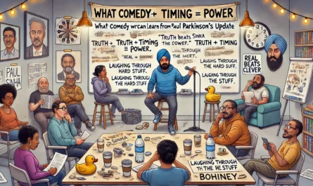 BOHNEY NEWS -- A wide-aspect satirical yet respectful illustration titled 'What Comedy Writers Can Learn from Paul Sinha’s Parkinson’s Update.' The scene shows a com... -- Alan Nafzger 1