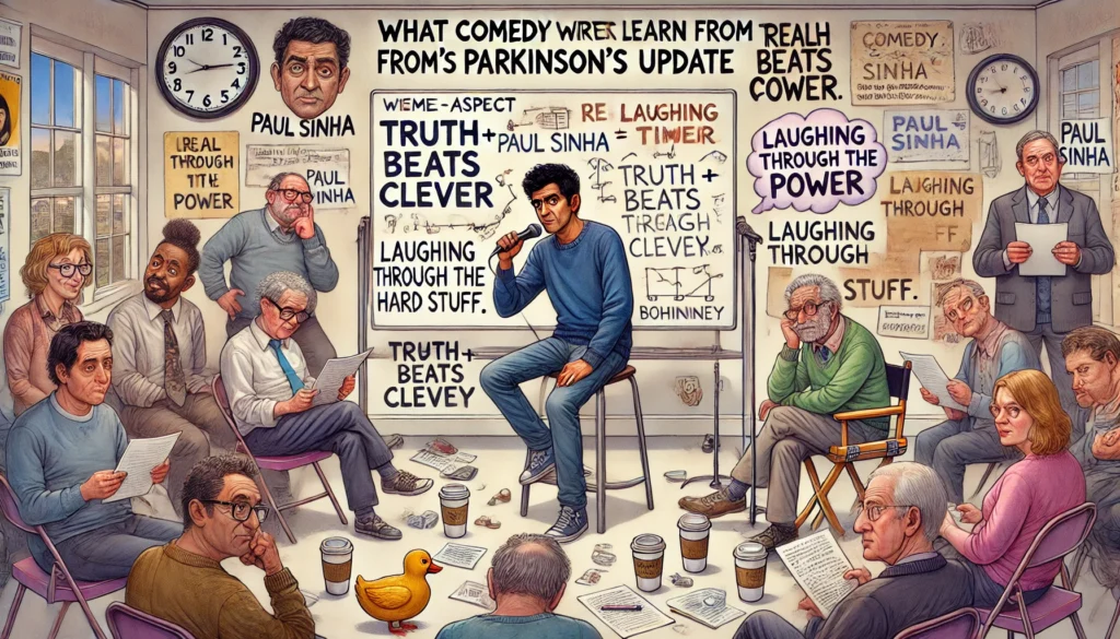 BOHNEY NEWS -- A wide-aspect satirical yet respectful illustration titled 'What Comedy Writers Can Learn from Paul Sinha’s Parkinson’s Update.' The scene shows a com... -- Alan Nafzger 2