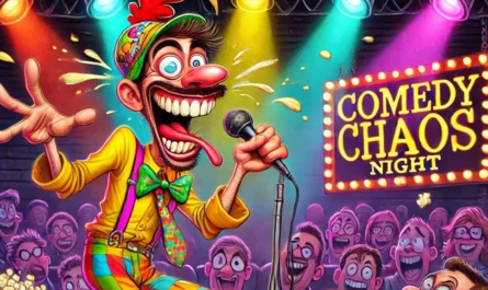COMEDY WRITER - A cartoon-style scene inspired by Tina Bohiney, showing a male stand-up comedian mid-performance in a wacky outfit – rainbow suspenders, fluorescent plai-crop... - Alan Nafzger 3