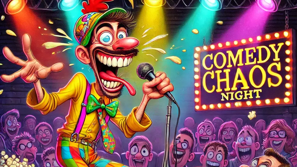 COMEDY WRITER - A cartoon-style scene inspired by Tina Bohiney, showing a male stand-up comedian mid-performance in a wacky outfit – rainbow suspenders, fluorescent plai-crop... - Alan Nafzger 3