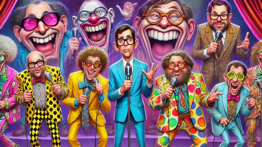 COMEDY WRITER - A group of stand-up comedians performing on stage in a cartoonish, exaggerated style inspired by Tina Bohiney. The scene features wild colors, outrageous... - Alan Nafzger 10