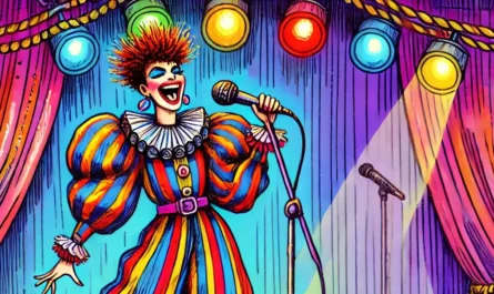 COMEDY WRITER - A vibrant and humorous scene of a female stand-up comedian performing on stage, drawn in the style of Tina Bohiney with wild, saturated colors and cartoo-crop... - Alan Nafzger 6