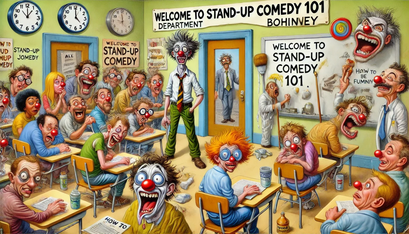 COMEDY WRITER - A wide cartoon scene in playful Toni Bohiney style a frazzled, underqualified professor with messy hair and a crooked tie stands in front of a whiteboar... - spintaxi.com