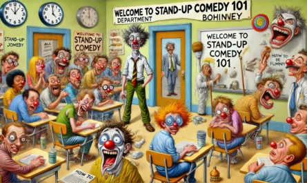 COMEDY WRITER - A wide cartoon scene in playful Toni Bohiney style a frazzled, underqualified professor with messy hair and a crooked tie stands in front of a whiteboar... - spintaxi.com
