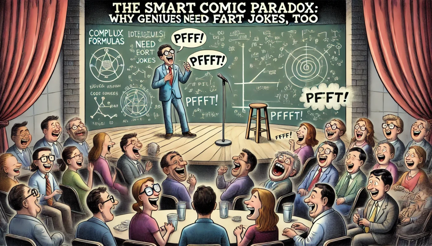 COMEDY WRITER - A wide-format, humorous and thought-provoking digital illustration for an article titled 'The Smart Comic Paradox Why Geniuses Need Fart Jokes, Too'- Alan Nafzger 2