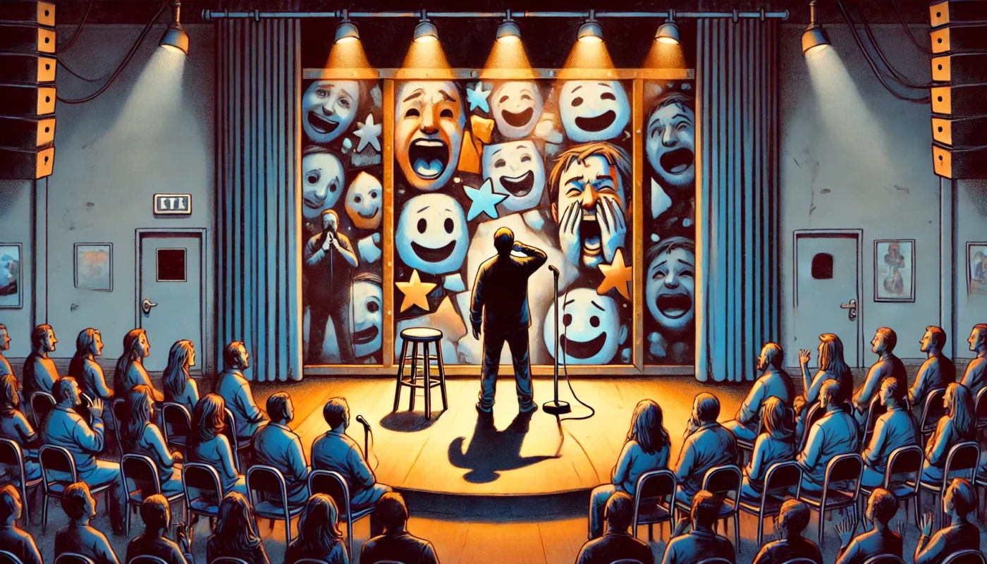 COMEDY WRITER - A wide-format, introspective digital illustration for an article titled 'The Comic as Mirror Why Self-Expression Makes Audiences Uncomfortable'. The - Alan Nafzger 2