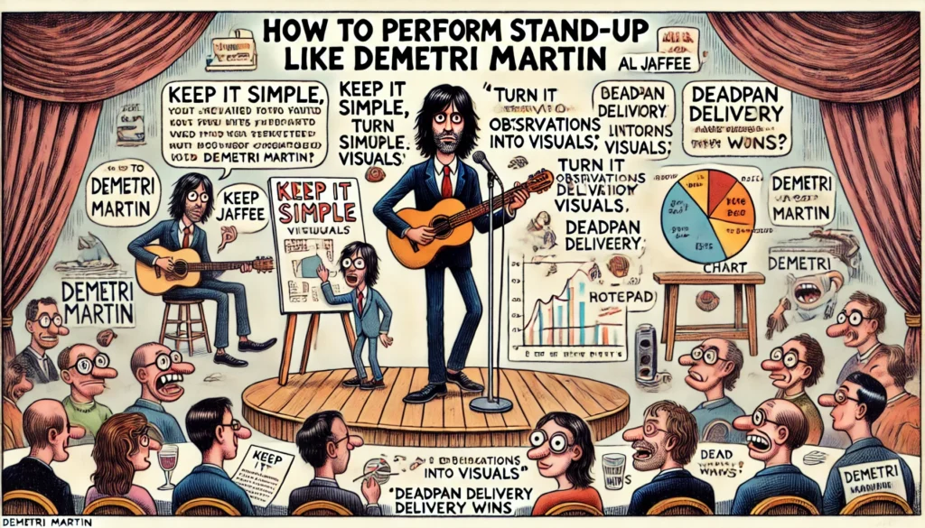 COMEDY WRITER - A wide humorous illustration in the style of mid-20th century satirical cartoons, inspired by Al Jaffee. The scene is a comedic guide titled 'How to P- Alan Nafzger 1