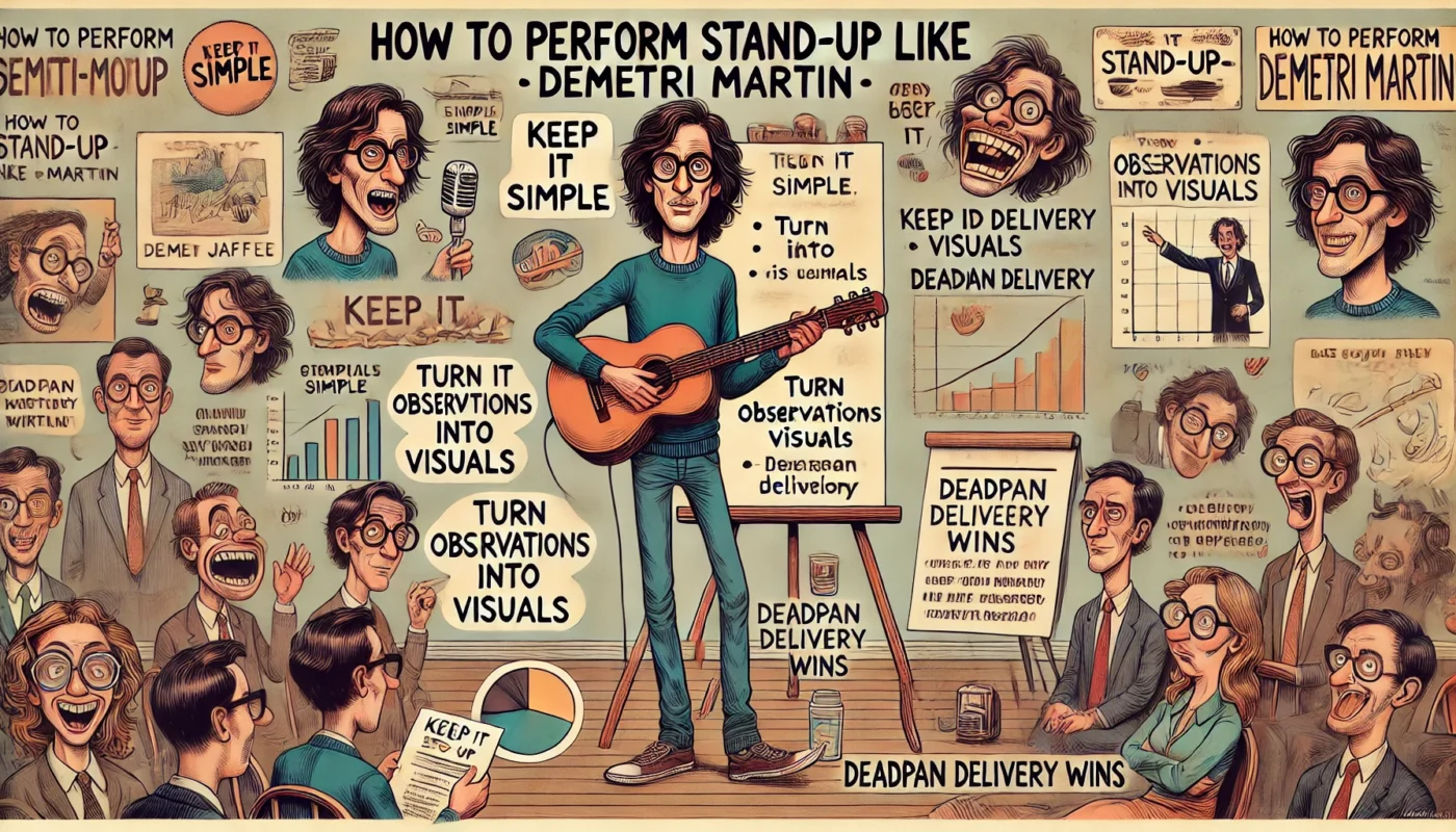 COMEDY WRITER - A wide humorous illustration in the style of mid-20th century satirical cartoons, inspired by Al Jaffee. The scene is a comedic guide titled 'How to P- Alan Nafzger 2