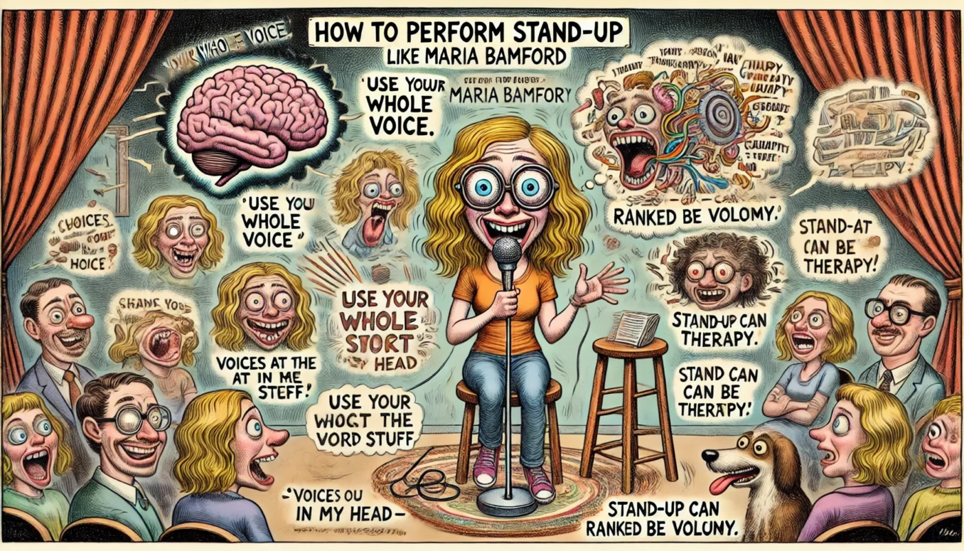 COMEDY WRITER - A wide, satirical cartoon illustration in the style of mid-20th century comics, inspired by Al Jaffee. The scene is titled 'How to Perform Stand-Up Li- Alan Nafzger 2