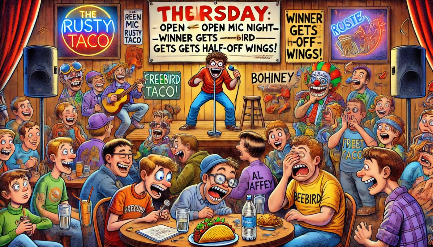 COMEDY WRITER - A wide, vibrant cartoon scene inside a chaotic bar called 'The Rusty Taco,' packed with drunken college students in Halloween costumes. Onstage, a you... - spintaxi.com