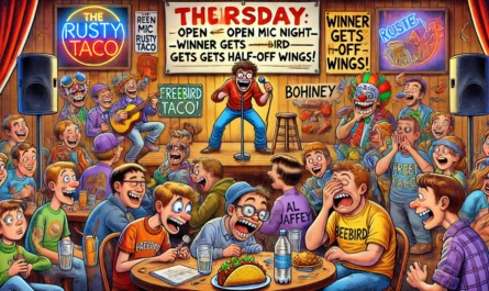 COMEDY WRITER - A wide, vibrant cartoon scene inside a chaotic bar called 'The Rusty Taco,' packed with drunken college students in Halloween costumes. Onstage, a you... - spintaxi.com