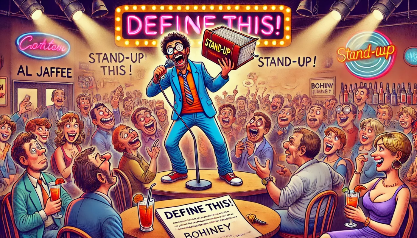 COMEDYWRITER - Wide-aspect cartoon image in the style of Toni Bohiney. A stand-up comic mid-performance at a packed club. One side of the crowd is roaring with laughter... - spintaxi.com 1