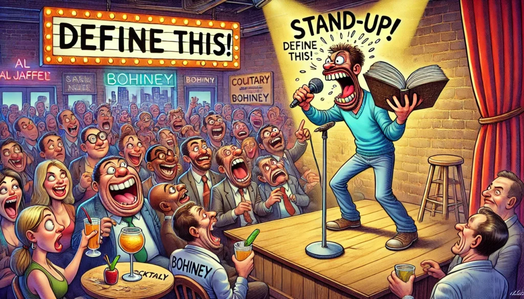 COMEDYWRITER - Wide-aspect cartoon image in the style of Toni Bohiney. A stand-up comic mid-performance at a packed club. One side of the crowd is roaring with laughter... - spintaxi.com 2
