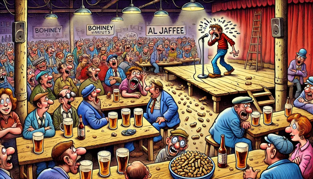 COMEDYWRITER - Wide-aspect cartoon in the style of Toni Bohiney. A 1970s British working-class comedy club. Packed tables filled with beer-drinking factory workers. Ons... - spintaxi.com 4 COMEDYWRITER - Wide-aspect cartoon in the style of Toni Bohiney. A 1970s British working-class comedy club. Packed tables filled with beer-drinking factory workers. Ons... - spintaxi.com 4