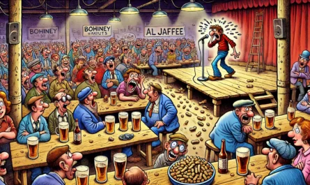 COMEDYWRITER - Wide-aspect cartoon in the style of Toni Bohiney. A 1970s British working-class comedy club. Packed tables filled with beer-drinking factory workers. Ons... - spintaxi.com 4