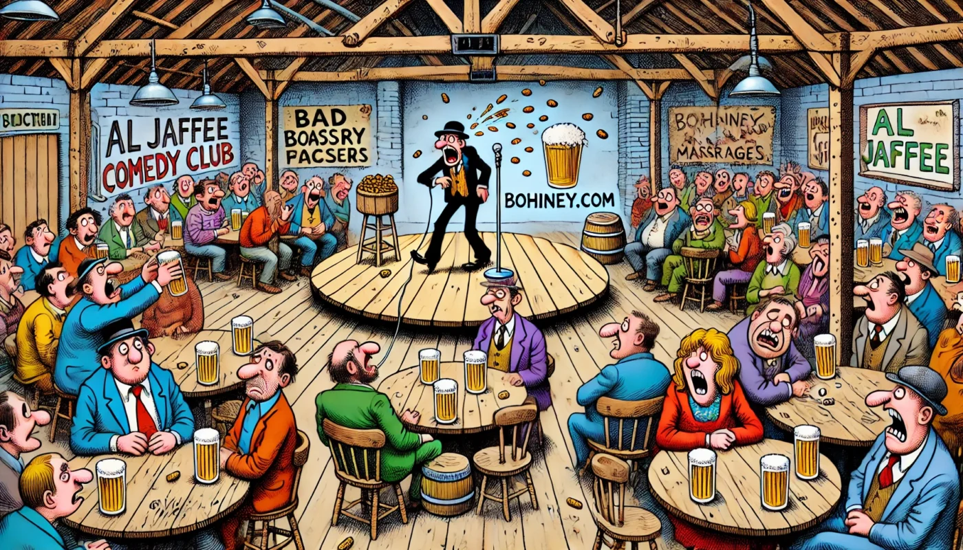 COMEDYWRITER - Wide-aspect cartoon in the style of Toni Bohiney. A 1970s British working-class comedy club. Packed tables filled with beer-drinking factory workers. Ons... - spintaxi.com 5