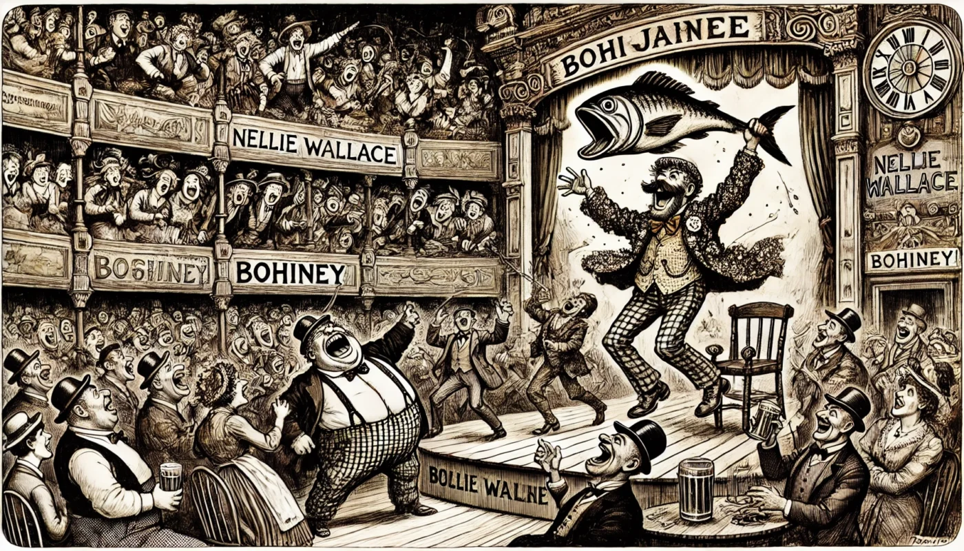 COMEDYWRITER - Wide-aspect cartoon in the style of Toni Bohiney. A chaotic 1910s British music hall stage. Nellie Wallace, in a tattered outfit, waves a giant fish at a... - spintaxi.com 1