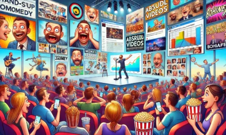 COMEDYWRITER - Wide-aspect cartoon in the style of Toni Bohiney. A modern stand-up comedy stage filled with multimedia chaos. A comic is mid-set, surrounded by floating... - spintaxi.com 13