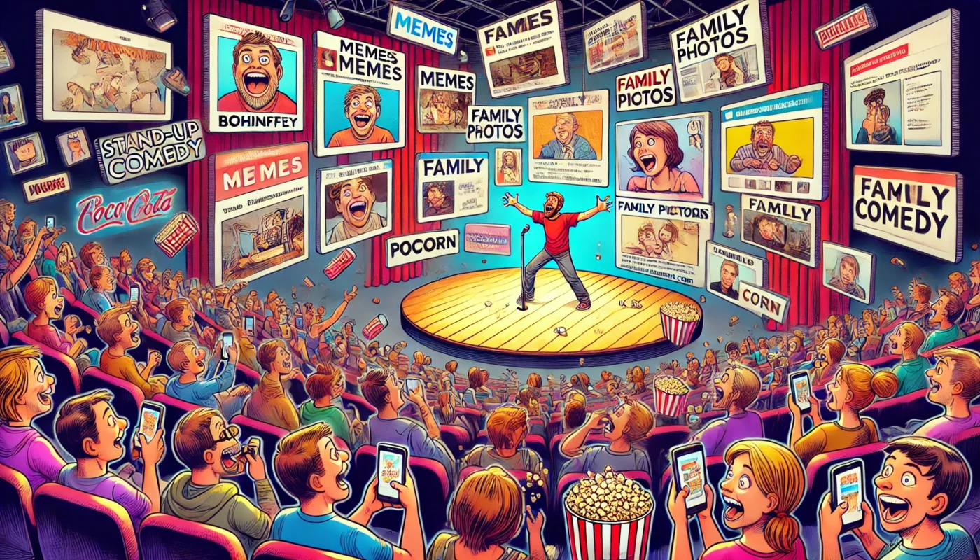 COMEDYWRITER - Wide-aspect cartoon in the style of Toni Bohiney. A modern stand-up comedy stage. A comic is mid-set, surrounded by floating screens displaying memes, gr... - spintaxi.com 2