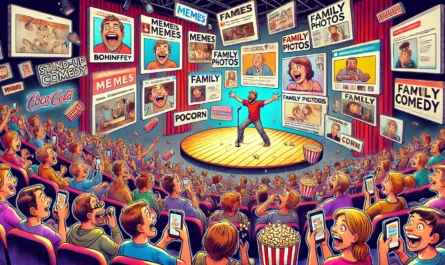 COMEDYWRITER - Wide-aspect cartoon in the style of Toni Bohiney. A modern stand-up comedy stage. A comic is mid-set, surrounded by floating screens displaying memes, gr... - spintaxi.com 2