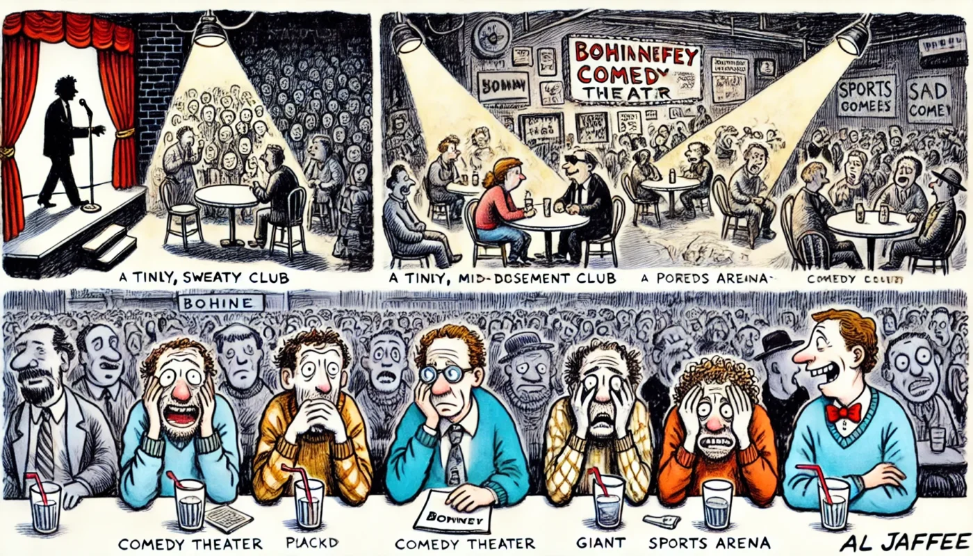 COMEDYWRITER - Wide-aspect cartoon in the style of Toni Bohiney. A spectrum of stand-up comedy venues a tiny, sweaty basement club; a packed mid-sized comedy theater; ... - spintaxi.com 10
