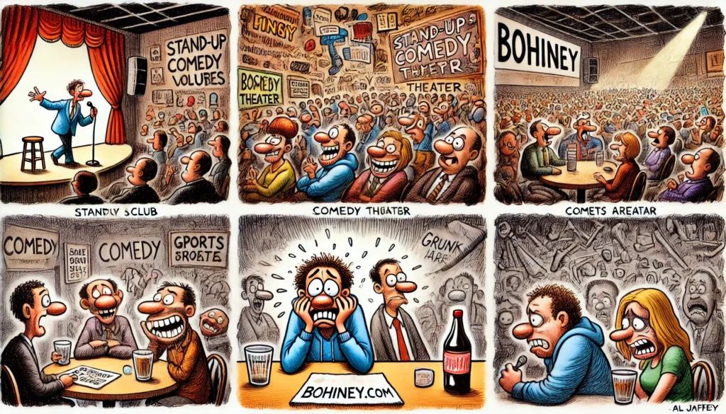 COMEDYWRITER - Wide-aspect cartoon in the style of Toni Bohiney. A spectrum of stand-up comedy venues a tiny, sweaty basement club; a packed mid-sized comedy theater; ... - spintaxi.com 9 Global Stages and Sacred Spaces - Wide-aspect cartoon in the style of Toni Bohiney. A spectrum of stand-up comedy venues a tiny, sweaty basement club; a packed mid-sized comedy theater; ... - spintaxi.com 9