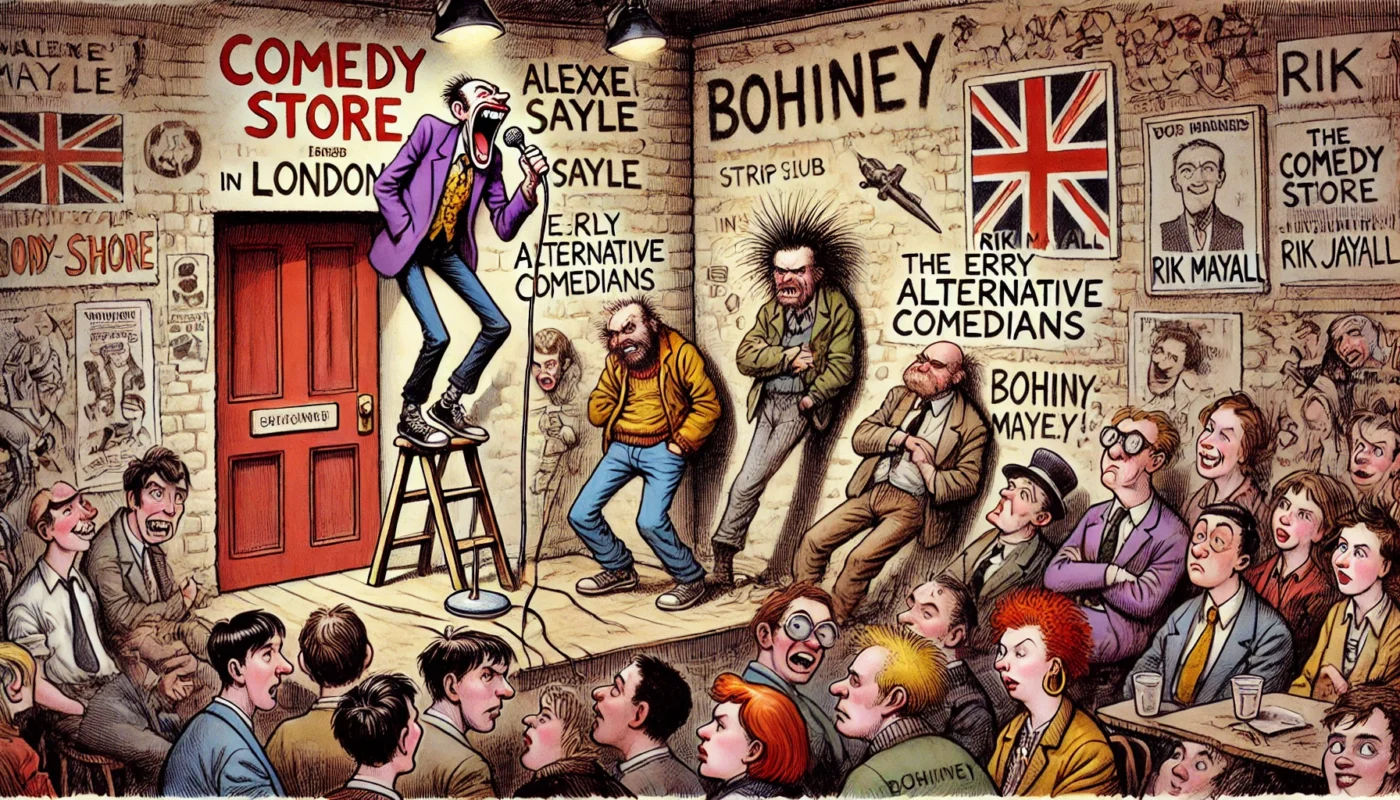 COMEDYWRITER - Wide-aspect cartoon in the style of Toni Bohiney. The 1979 Comedy Store in London a tiny, grimy stage above a strip club. Early alternative comedians li... - spintaxi.com 6