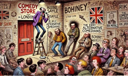 COMEDYWRITER - Wide-aspect cartoon in the style of Toni Bohiney. The 1979 Comedy Store in London a tiny, grimy stage above a strip club. Early alternative comedians li... - spintaxi.com 6