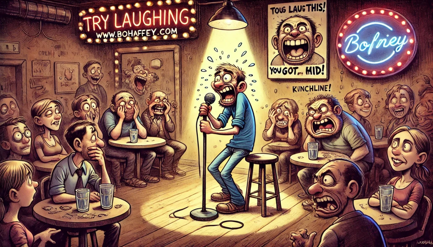 COMEDYWRITER - Wide-aspect cartoon scene in the style of Toni Bohiney. A nervous beginner at an open mic in a grungy dive bar. Onstage, a shaky comedian clutches the mi... - spintaxi.com 4