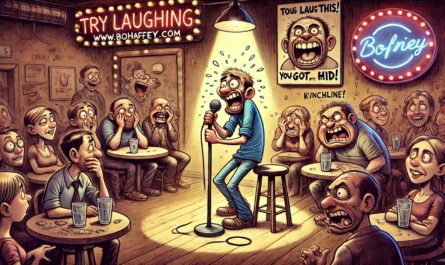 COMEDYWRITER - Wide-aspect cartoon scene in the style of Toni Bohiney. A nervous beginner at an open mic in a grungy dive bar. Onstage, a shaky comedian clutches the mi... - spintaxi.com 4