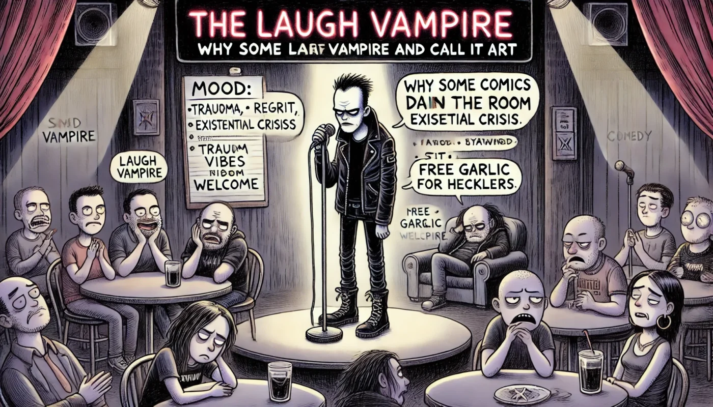 COMEDYWRITER.INFO - A darkly satirical cartoon illustration in the style of spintaxi.com’s ComedyWriter.info brand, themed 'The Laugh Vampire Why Some Comics Drain the R- Alan Nafzger
