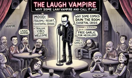 COMEDYWRITER.INFO - A darkly satirical cartoon illustration in the style of spintaxi.com’s ComedyWriter.info brand, themed 'The Laugh Vampire Why Some Comics Drain the R- Alan Nafzger