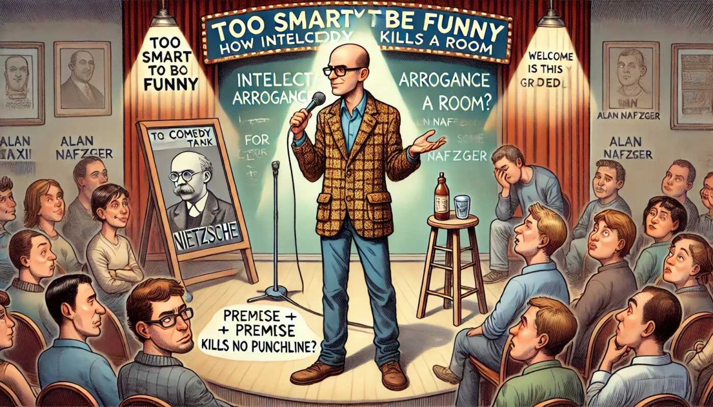 COMEDYWRITER.INFO - A satirical cartoon illustration in the style of spintaxi.com’s ComedyWriter.info brand, themed 'Too Smart to Be Funny How Intellectual Arrogance Kil- Alan Nafzger