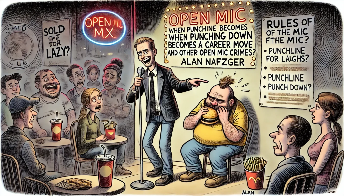 COMEDYWRITER.INFO - A satirical cartoon illustration in the style of spintaxi.com’s ComedyWriter.info brand, themed 'When Punching Down Becomes a Career Move (and Other O- Alan Nafzger